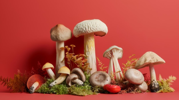 un grupo de hongos y otros hongos están en un fondo rojo