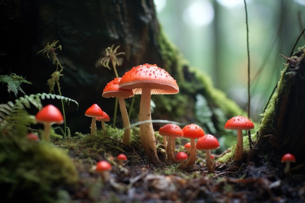 Un grupo de hongos rojos contra un suelo de bosque de musgo