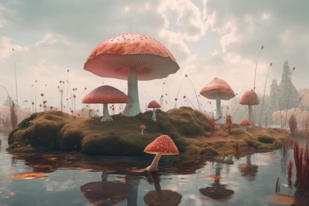 Un grupo de hongos sentados en la parte superior de una imagen de ai generativa de campo verde exuberante