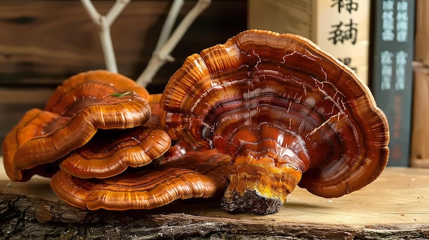 Un grupo de hongos sentados en la parte superior de una mesa de madera al lado de una estantería de libros con escritura china en