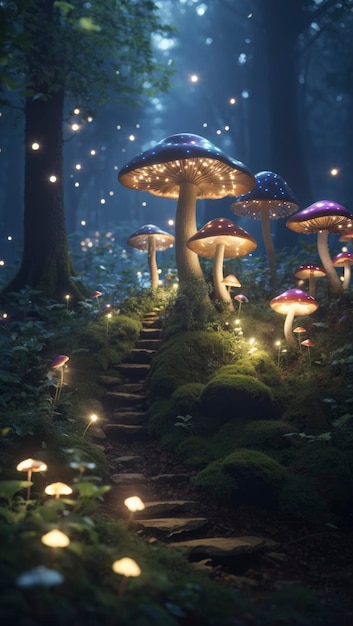 un grupo de hongos sentados sobre el suelo de un bosque al lado de un bosque