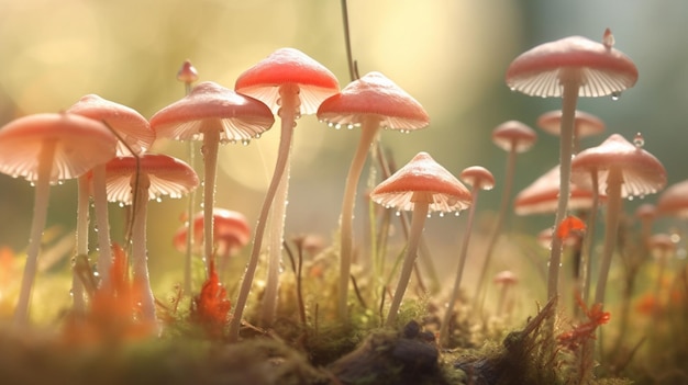 Un grupo de hongos con el sol brillando sobre ellos.