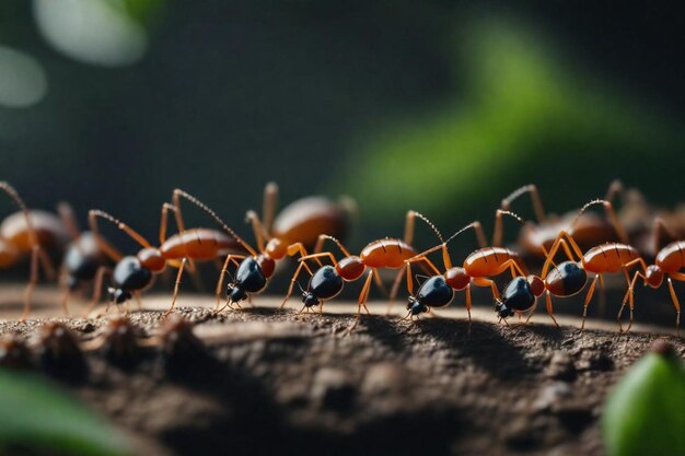 Foto un grupo de hormigas están alineadas en una superficie de madera