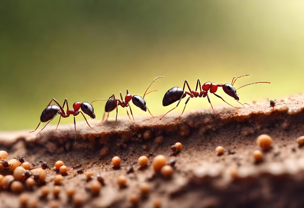 un grupo de hormigas están en una rama de árbol y una es roja