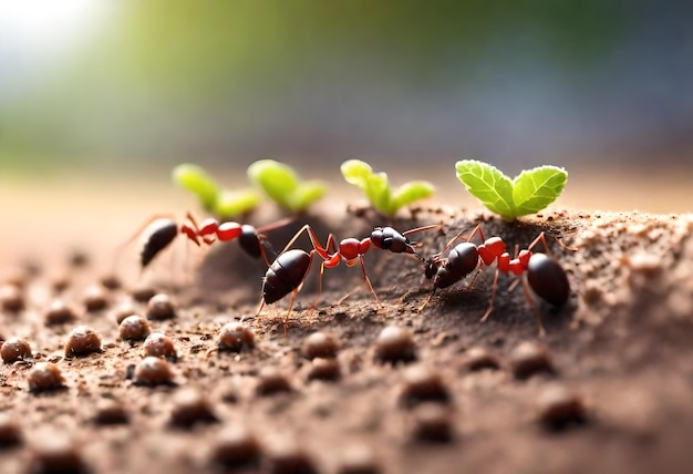 un grupo de hormigas están en una roca con una pequeña planta en el fondo