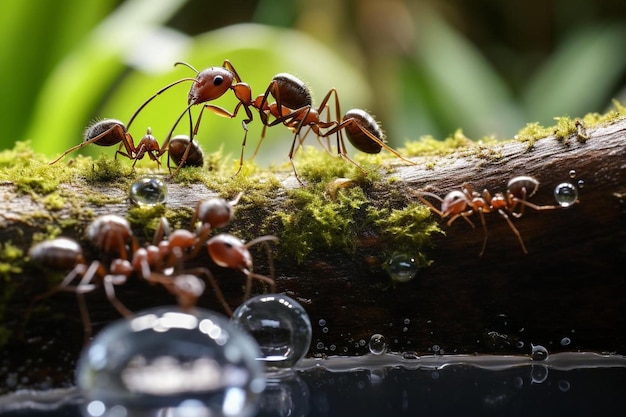 un grupo de hormigas están en un tronco de árbol con una botella de agua.