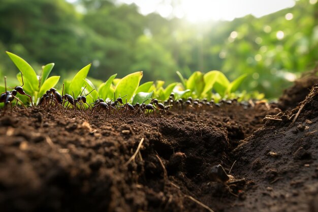 Un grupo de hormigas marchando en línea llevando pequeños pedazos de vegetación a pesar del entorno estéril