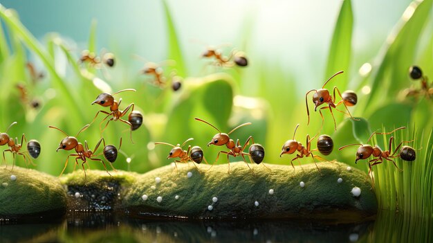 Un grupo de hormigas en la naturaleza de tierra de musgo Exploradores diminutos