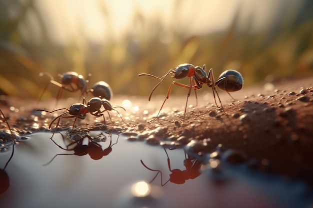 Un grupo de hormigas se reúne alrededor de un charco de agua.