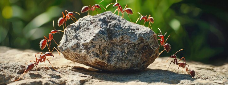 Un grupo de hormigas rojas están escalando una roca concepto de determinación y trabajo en equipo