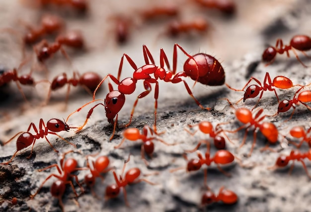 un grupo de hormigas rojas en un tronco de árbol