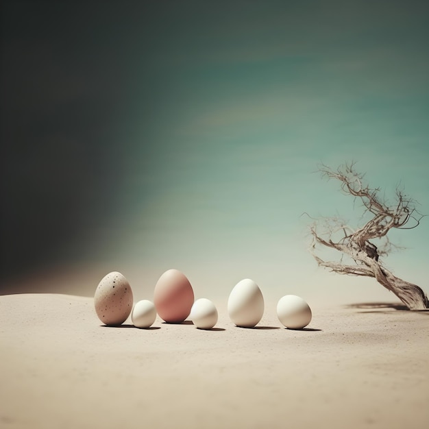 Un grupo de huevos en la arena con un árbol al fondo.