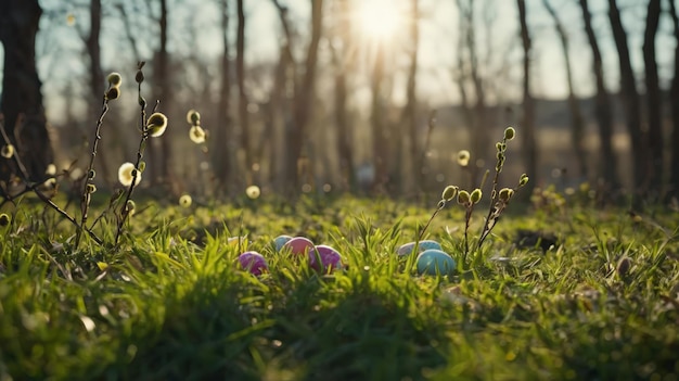 Grupo de huevos en un campo verde y exuberante