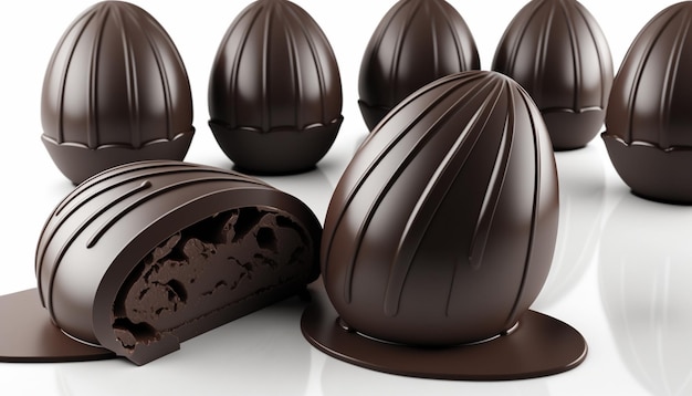 Un grupo de huevos de chocolate está frente a un fondo blanco.