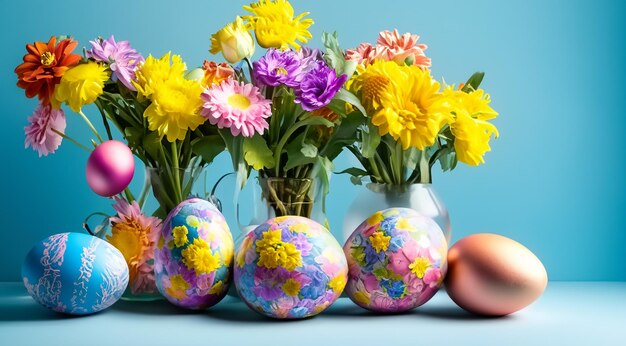 un grupo de huevos con flores y huevos en un jarrón