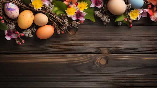 un grupo de huevos y flores en una superficie de madera
