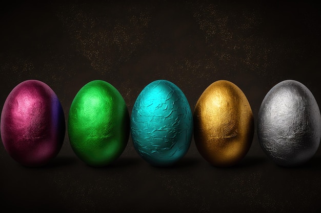 Un grupo de huevos de pascua con colores dorado, plateado y verde.