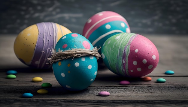 Un grupo de huevos de pascua coloridos con huevos coloridos en una mesa de madera.