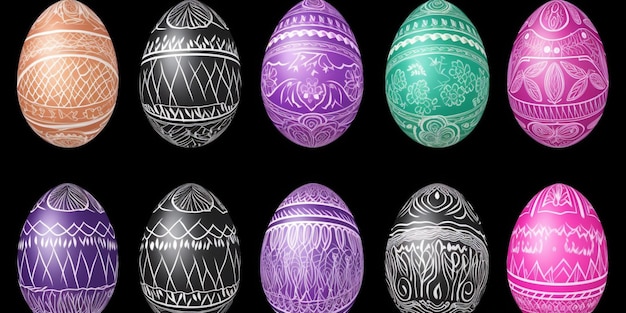 Un grupo de huevos de pascua con diferentes diseños.