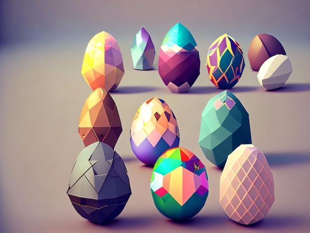 Un grupo de huevos de pascua con diferentes formas y colores.