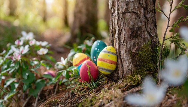 Foto un grupo de huevos de pascua pintados escondiéndose detrás de un árbol en el bosque