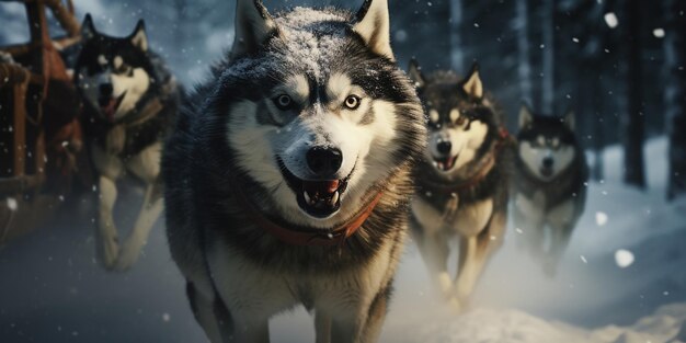 Un grupo de huskies en un fondo nevado con espacio para el texto