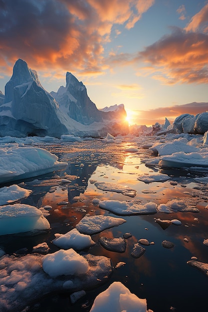 Un grupo de icebergs flotando en la parte superior del océano Concepto de calentamiento global del Sol