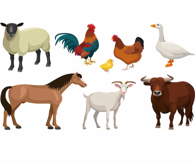 Un grupo de imágenes de animales que incluyen una cabra, una vaca, una gallina, un caballo, un barco, un pato.