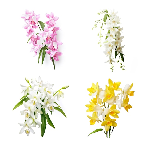 Grupo de imágenes de orquídea de flor dendrobium unicum seidenf sobre fondo blanco Naturaleza Ilustración Generativa AI