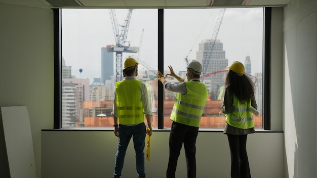 Grupo de ingenieros civiles profesionales que trabajan en un nuevo edificio