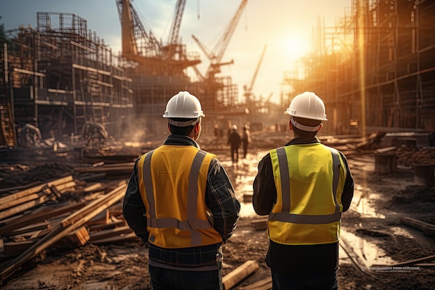 Un grupo de ingenieros civiles vestidos con chalecos de seguridad y cascos se encuentra en un sitio de construcción de carreteras Generado con IA