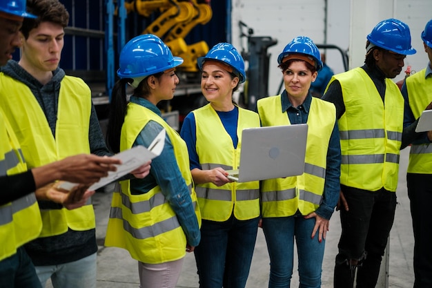 Grupo de ingenieros en una empresa de innovación hablando de robótica