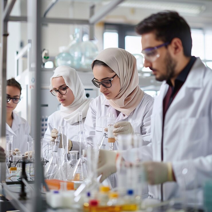 Grupo de ingenieros químicos trabajando en el laboratorio