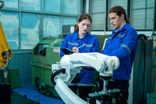 Foto un grupo de ingenieros robóticos trabajando con la programación y manipulación de la mano robótica