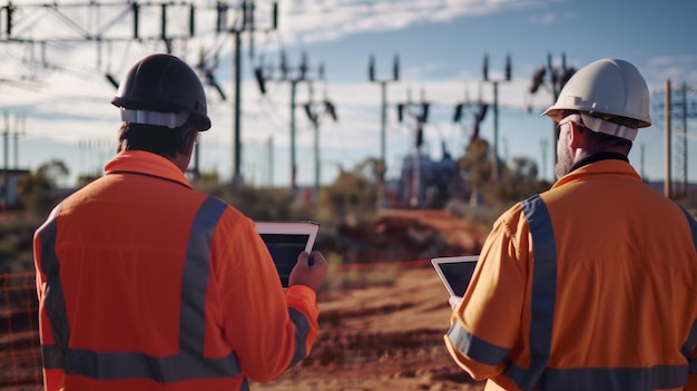 Grupo de ingenieros trabajando en un sitio de construcción con una tableta digital y una computadora portátil