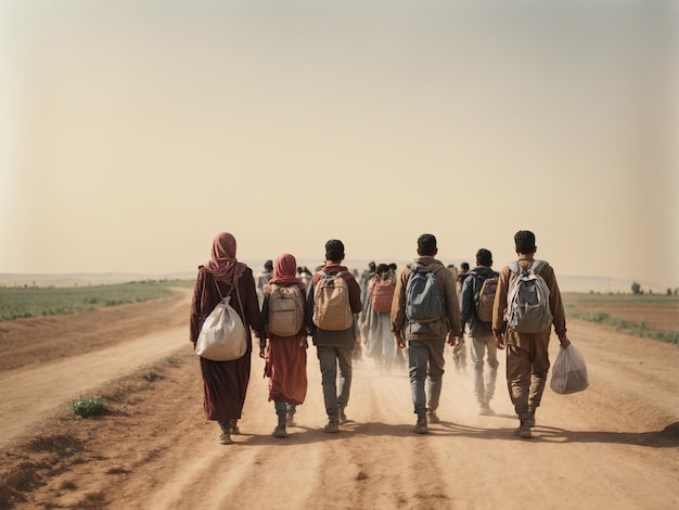 Un grupo de inmigrantes con niños camina por un camino polvoriento Los refugiados abandonan sus hogares La gente huye de la guerra