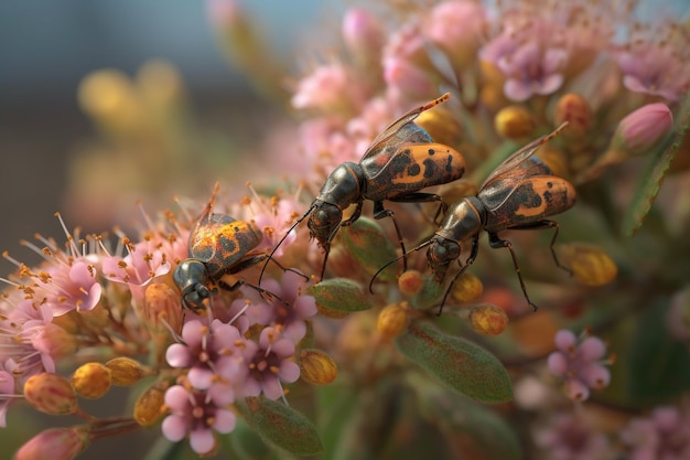 Un grupo de insectos en una flor.