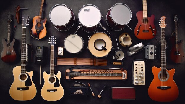 Foto grupo de instrumentos musicales que incluye un tambor de guitarra, un teclado, una pandereta.