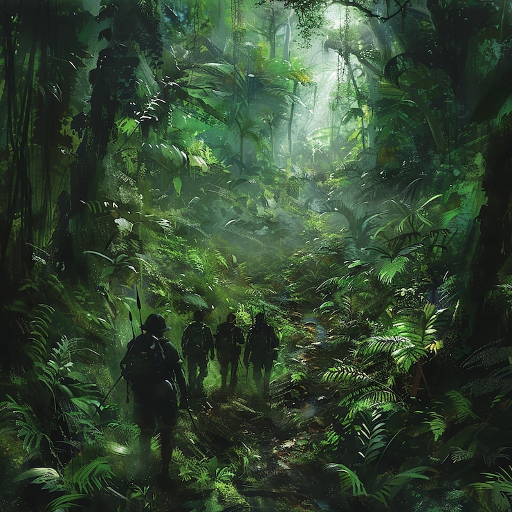 Un grupo de investigadores que estudian las plantas viajan a través de una densa selva tropical