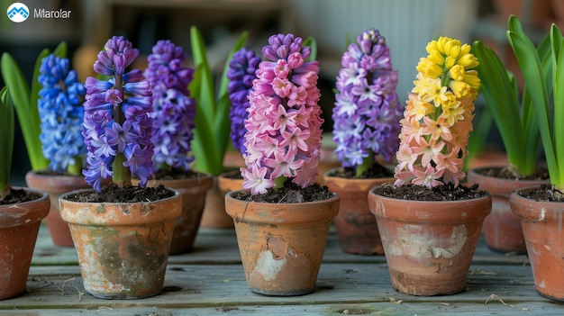 Grupo de jarrones llenos de flores en la mesa