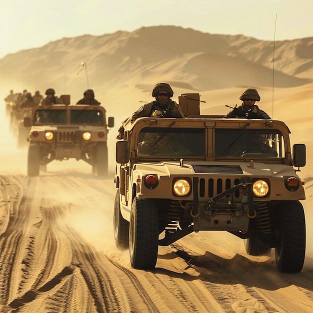 Foto un grupo de jeeps están conduciendo a través de la arena del desierto