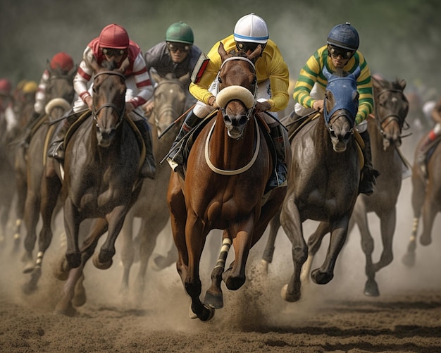 Un grupo de jinetes corre a caballo.