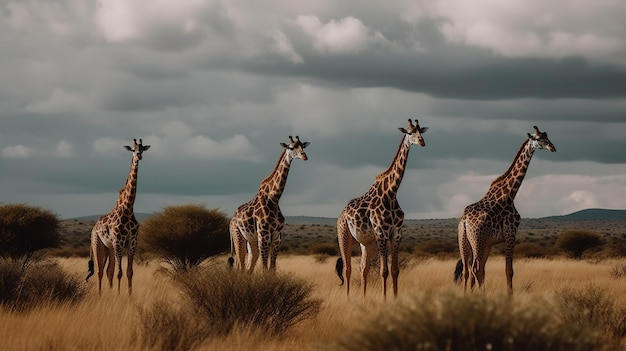 Un grupo de jirafas está parado en un campo con un cielo nublado al fondo.