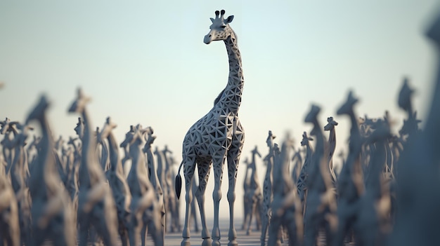 Un grupo de jirafas se para en una fila con una de ellas mirando a la cámara.