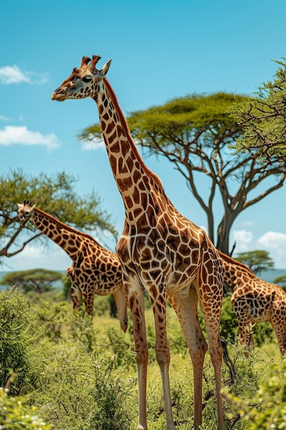 un grupo de jirafas pastando entre acacias en la sabana africana