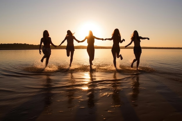 Grupo joven de personas saltando en el aire en la playa IA generativa