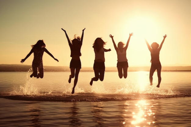 Grupo joven de personas saltando en el aire en la playa IA generativa