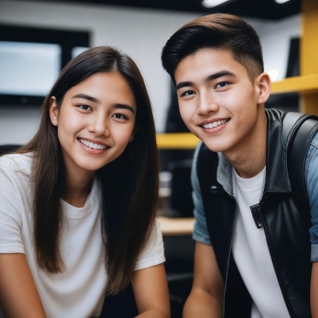 grupo de jóvenes adolescentes felices en el espacio de oficina de trabajo IA generativa