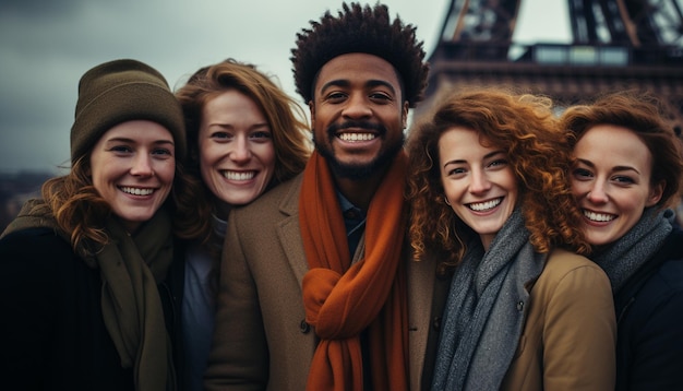 Un grupo de jóvenes adultos sonrientes disfrutando de vacaciones generadas por la inteligencia artificial