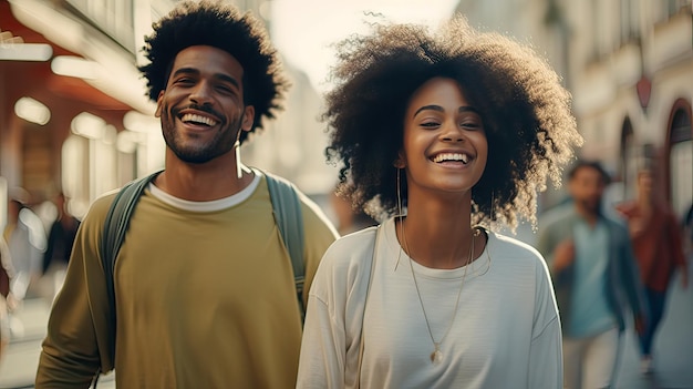 Grupo de jóvenes afroamericanos caminando por la calle con una sonrisa perfecta